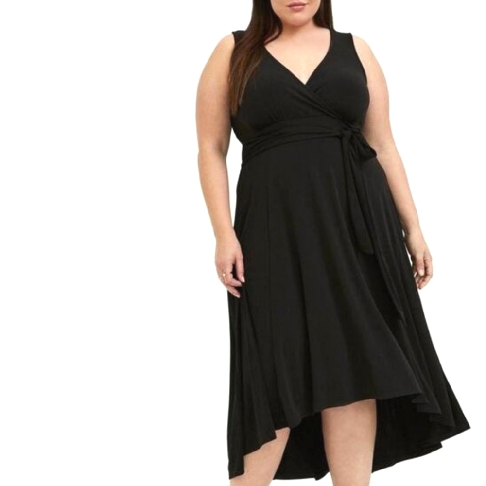 Torrid Black Flowy Sleeveless V-Neck High Low Faux Wrap Midi Dress 4X 4XL NWT